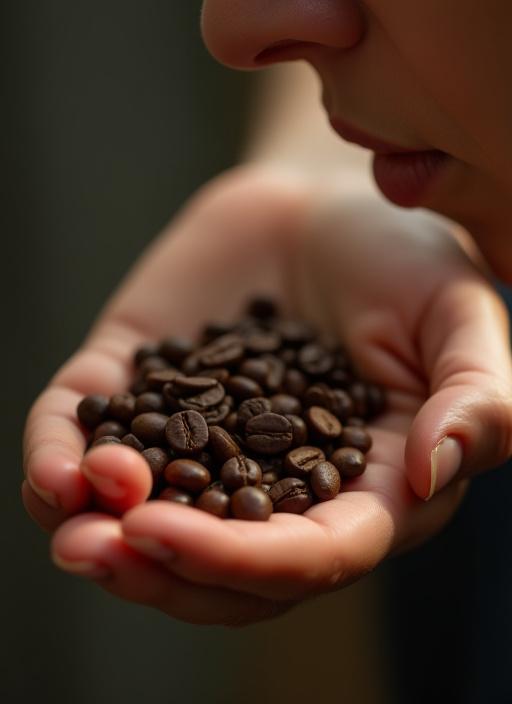 En hånd holder frem kaffebønner som luktes på.