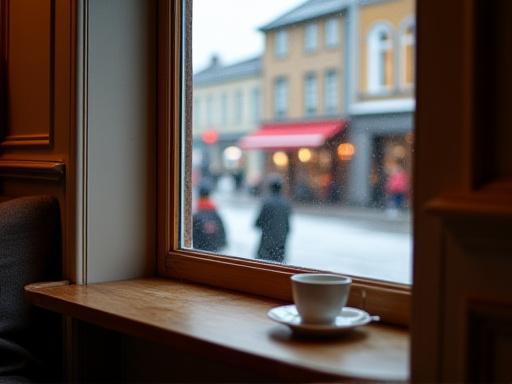 Utsikt over Storgata fra en koselig vindusplass på kafeen.